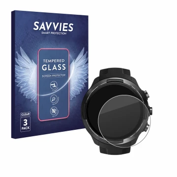 Face avant d’un emballage produit avec le logo de la marque Savvies. À côté, l’appareil Suunto 9 est représenté avec la protec