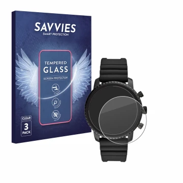 Face avant d’un emballage produit avec le logo de la marque Savvies. À côté, l’appareil Fossil Q Explorist HR (4.Gen) est repr