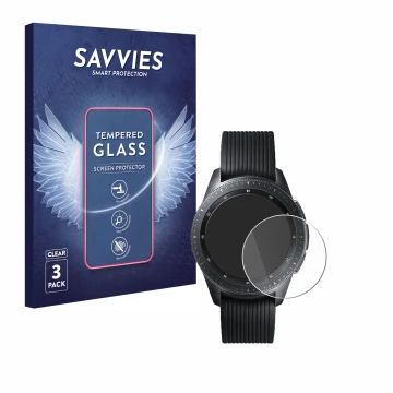Face avant d’un emballage produit avec le logo de la marque Savvies. À côté, l’appareil Samsung Galaxy Watch (42 mm) est repré