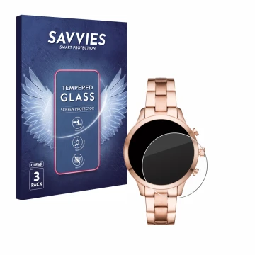 Face avant d’un emballage produit avec le logo de la marque Savvies. À côté, l’appareil Michael Kors Access Runway (41 mm) est