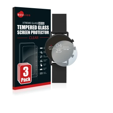 Face avant d’un emballage produit avec le logo de la marque Savvies. À côté, l’appareil Skagen Smartwatch Falster 2 est représ