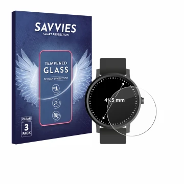 Face avant d’un emballage produit avec le logo de la marque Savvies. À côté, l’appareil Montres (Circulaire, ø: 41.5 mm) est r