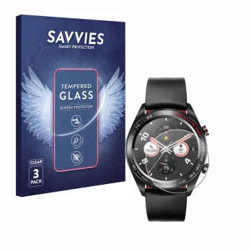 Face avant d’un emballage produit avec le logo de la marque Savvies. À côté, l’appareil Honor Watch Magic est représenté avec 