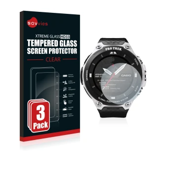 Face avant d’un emballage produit avec le logo de la marque Savvies. À côté, l’appareil Casio Pro Trek Smart WSD-F20 est repré