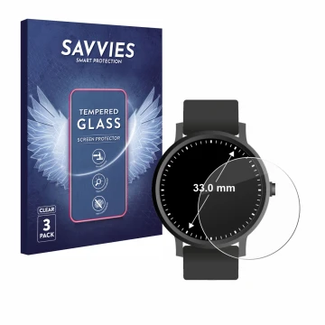 Face avant d’un emballage produit avec le logo de la marque Savvies. À côté, l’appareil Circulaire Displays (ø: 33 mm) est rep