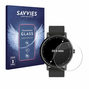 Face avant d’un emballage produit avec le logo de la marque Savvies. À côté, l’appareil Circulaire Displays (ø: 35 mm) est rep