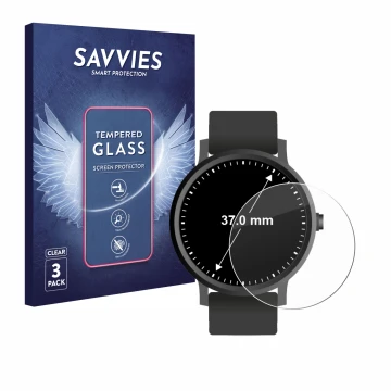Face avant d’un emballage produit avec le logo de la marque Savvies. À côté, l’appareil Circulaire Displays (ø: 37 mm) est rep