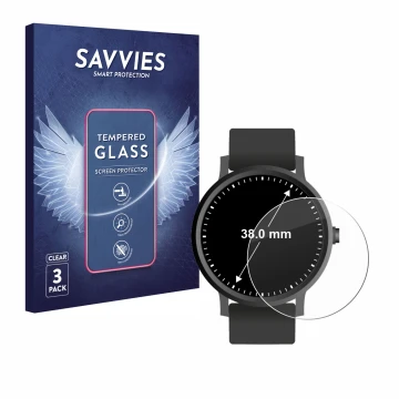 Face avant d’un emballage produit avec le logo de la marque Savvies. À côté, l’appareil Circulaire Displays (ø: 38 mm) est rep