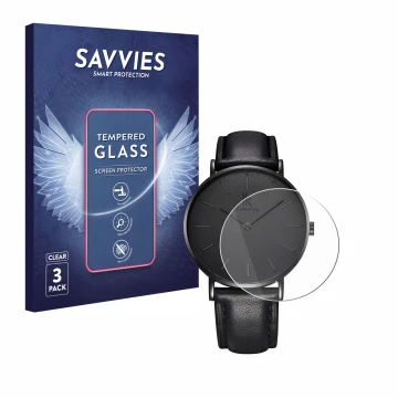 Face avant d’un emballage produit avec le logo de la marque Savvies. À côté, l’appareil Alienwork IK Montre (36 mm) est représ