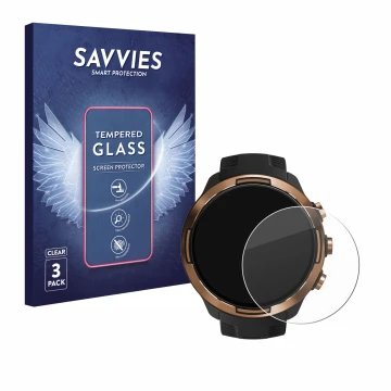 Face avant d’un emballage produit avec le logo de la marque Savvies. À côté, l’appareil Suunto 9 Baro est représenté avec la p