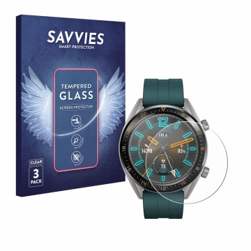 Face avant d’un emballage produit avec le logo de la marque Savvies. À côté, l’appareil Huawei Watch GT Active est représenté 