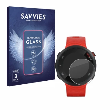 Face avant d’un emballage produit avec le logo de la marque Savvies. À côté, l’appareil Garmin Forerunner 45 est représenté av
