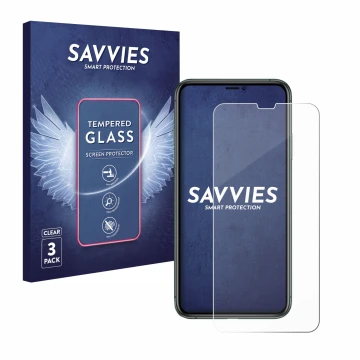 Face avant d’un emballage produit avec le logo de la marque Savvies. À côté, l’appareil Apple iPhone 11 Pro Max est représenté