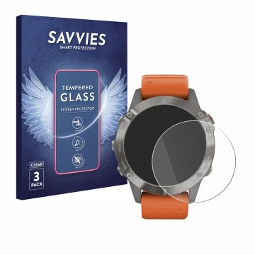 Face avant d’un emballage produit avec le logo de la marque Savvies. À côté, l’appareil Garmin Fenix 6 Pro est représenté avec