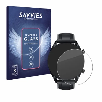 Face avant d’un emballage produit avec le logo de la marque Savvies. À côté, l’appareil Huawei Watch GT 2 (46 mm) est représen