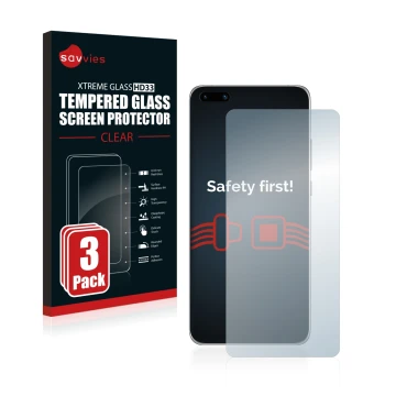 Face avant d’un emballage produit avec le logo de la marque Savvies. À côté, l’appareil Huawei P40 est représenté avec la prot