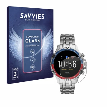 Face avant d’un emballage produit avec le logo de la marque Savvies. À côté, l’appareil Fossil Garrett HR (5. Gen) est représe