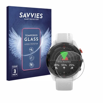 Face avant d’un emballage produit avec le logo de la marque Savvies. À côté, l’appareil Garmin Approach S62 est représenté ave