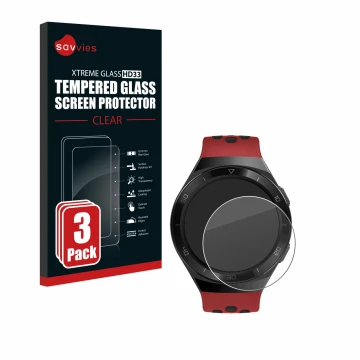 Face avant d’un emballage produit avec le logo de la marque Savvies. À côté, l’appareil Huawei Watch GT 2e est représenté avec