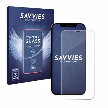 Face avant d’un emballage produit avec le logo de la marque Savvies. À côté, l’appareil Apple iPhone 12 Pro est représenté ave