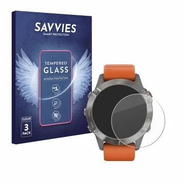 Face avant d’un emballage produit avec le logo de la marque Savvies. À côté, l’appareil Garmin Fenix 6 Pro Solar est représent