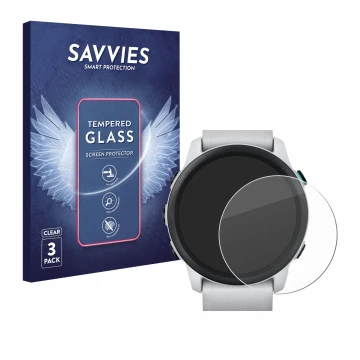 Face avant d’un emballage produit avec le logo de la marque Savvies. À côté, l’appareil Garmin Forerunner 745 est représenté a