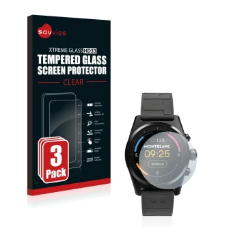 Face avant d’un emballage produit avec le logo de la marque Savvies. À côté, l’appareil Montblanc Summit Lite est représenté a