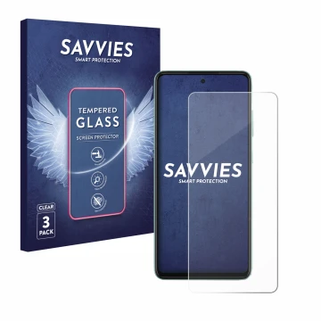 Face avant d’un emballage produit avec le logo de la marque Savvies. À côté, l’appareil Samsung Galaxy A52 est représenté avec