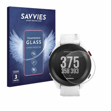 Face avant d’un emballage produit avec le logo de la marque Savvies. À côté, l’appareil Garmin Approach S12 est représenté ave