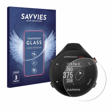 Face avant d’un emballage produit avec le logo de la marque Savvies. À côté, l’appareil Garmin Approach G12 est représenté ave