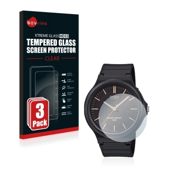 Face avant d’un emballage produit avec le logo de la marque Savvies. À côté, l’appareil Casio Unisex MW-240 est représenté ave