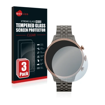 Face avant d’un emballage produit avec le logo de la marque Savvies. À côté, l’appareil Fossil Gen 6 (42mm) est représenté ave