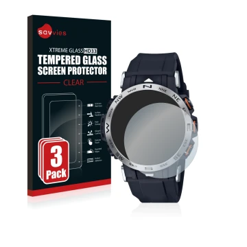 Face avant d’un emballage produit avec le logo de la marque Savvies. À côté, l’appareil Casio Pro Trek PRW-30-1AER est représe