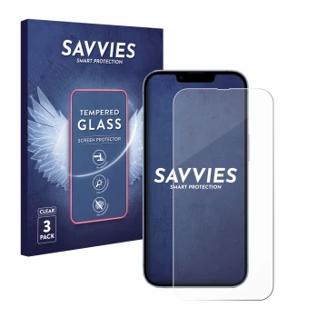 Face avant d’un emballage produit avec le logo de la marque Savvies. À côté, l’appareil Apple iPhone 14 est représenté avec la