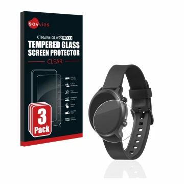 Face avant d’un emballage produit avec le logo de la marque Savvies. À côté, l’appareil Doro Watch est représenté avec la prot