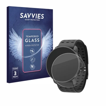 Face avant d’un emballage produit avec le logo de la marque Savvies. À côté, l’appareil Suunto 9 Peak Pro est représenté avec 