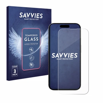 Face avant d’un emballage produit avec le logo de la marque Savvies. À côté, l’appareil Apple iPhone 15 est représenté avec la