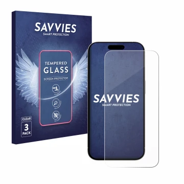 Face avant d’un emballage produit avec le logo de la marque Savvies. À côté, l’appareil Apple iPhone 15 Pro est représenté ave