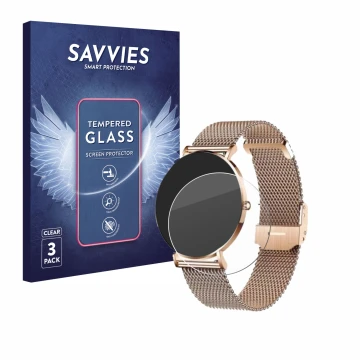 Face avant d’un emballage produit avec le logo de la marque Savvies. À côté, l’appareil Xcoast X-Watch Siona 2 est représenté 