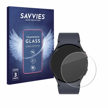 Face avant d’un emballage produit avec le logo de la marque Savvies. À côté, l’appareil Samsung Galaxy Watch 6 (44 mm) est rep