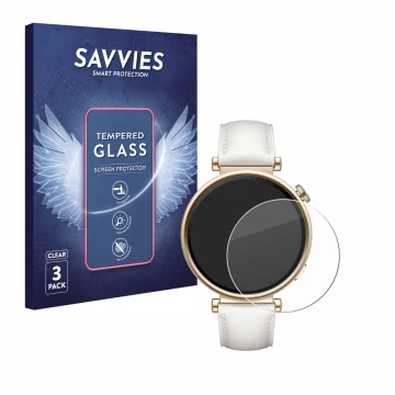 Face avant d’un emballage produit avec le logo de la marque Savvies. À côté, l’appareil Huawei Watch GT 4 (41mm) est représent
