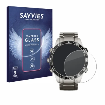 Face avant d’un emballage produit avec le logo de la marque Savvies. À côté, l’appareil Garmin Marq Aviator Gen 2 est représen