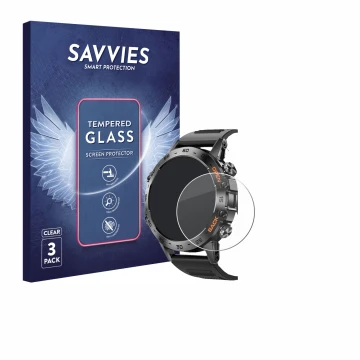 Face avant d’un emballage produit avec le logo de la marque Savvies. À côté, l’appareil Lemfo Smartwatch 1.39