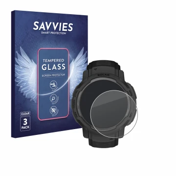 Face avant d’un emballage produit avec le logo de la marque Savvies. À côté, l’appareil Garmin Instinct Crossover AMOLED est r