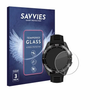 Face avant d’un emballage produit avec le logo de la marque Savvies. À côté, l’appareil Tissot T-Touch Connect Sport 2023 est 