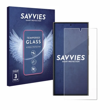 Face avant d’un emballage produit avec le logo de la marque Savvies. À côté, l’appareil Samsung Galaxy S24 Ultra est représent