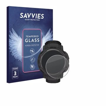 Face avant d’un emballage produit avec le logo de la marque Savvies. À côté, l’appareil Garmin Instinct Crossover Solar est re