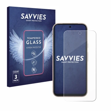 Face avant d’un emballage produit avec le logo de la marque Savvies. À côté, l’appareil Google Pixel 8a est représenté avec la