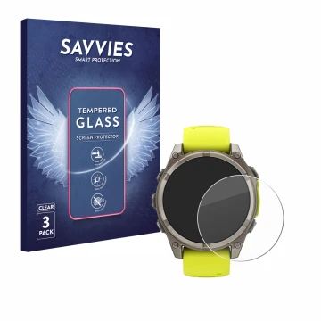 Face avant d’un emballage produit avec le logo de la marque Savvies. À côté, l’appareil Garmin Fenix 8 Solar (47 mm) est repré