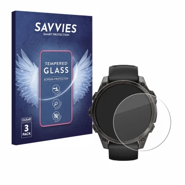 Face avant d’un emballage produit avec le logo de la marque Savvies. À côté, l’appareil Garmin Fenix 8 AMOLED (47 mm) est repr